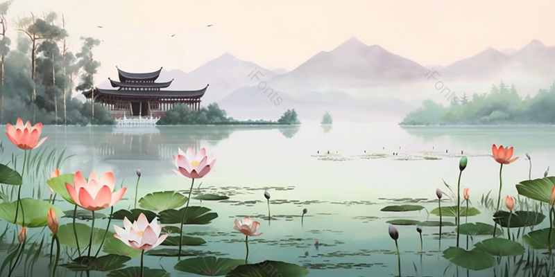 水墨风杭州西湖十景曲院风荷花背景,插画/手绘图,插画/手绘图库,插画/手绘图下载,插画/手绘